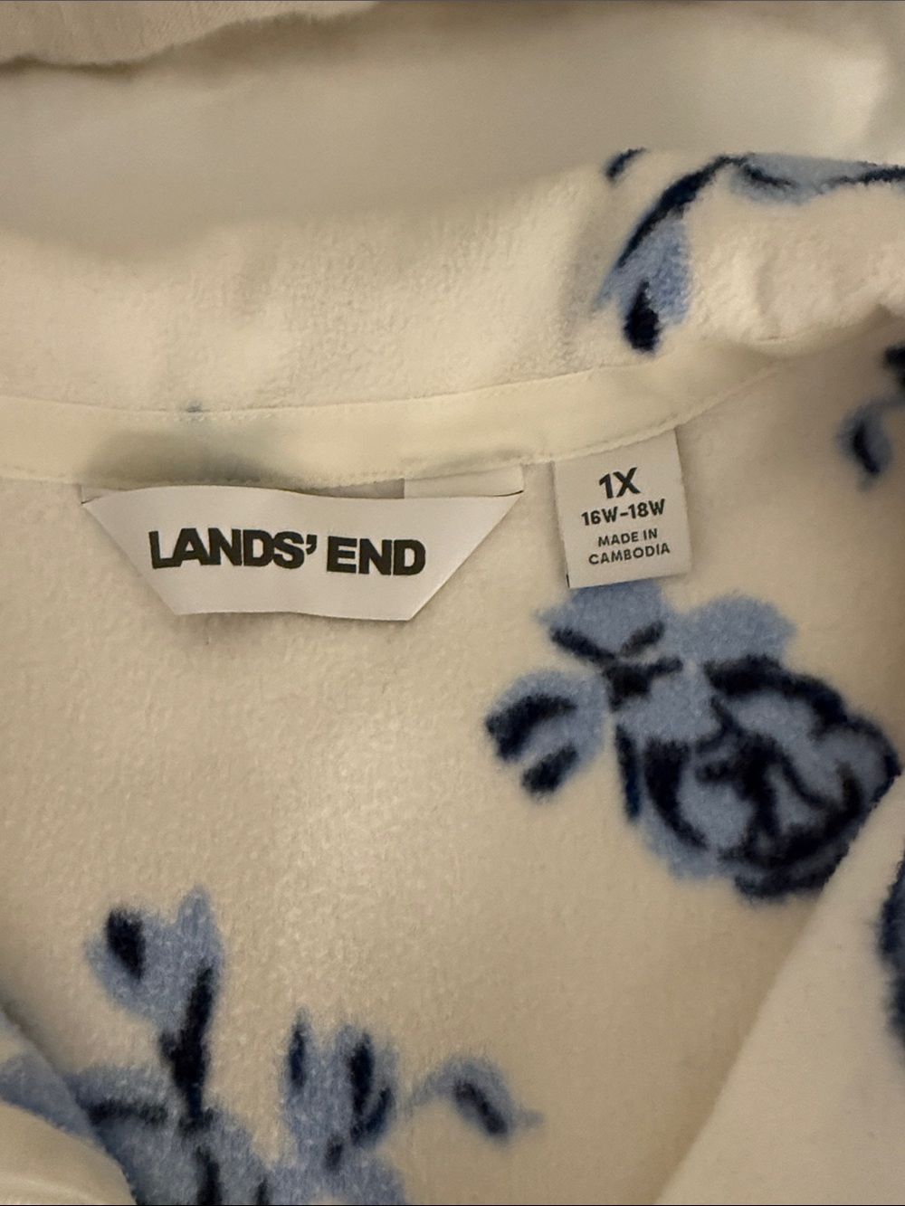 Lands' End White Fleece quarter zip Pullover with Blue Floral Print - Picture 2 of 5